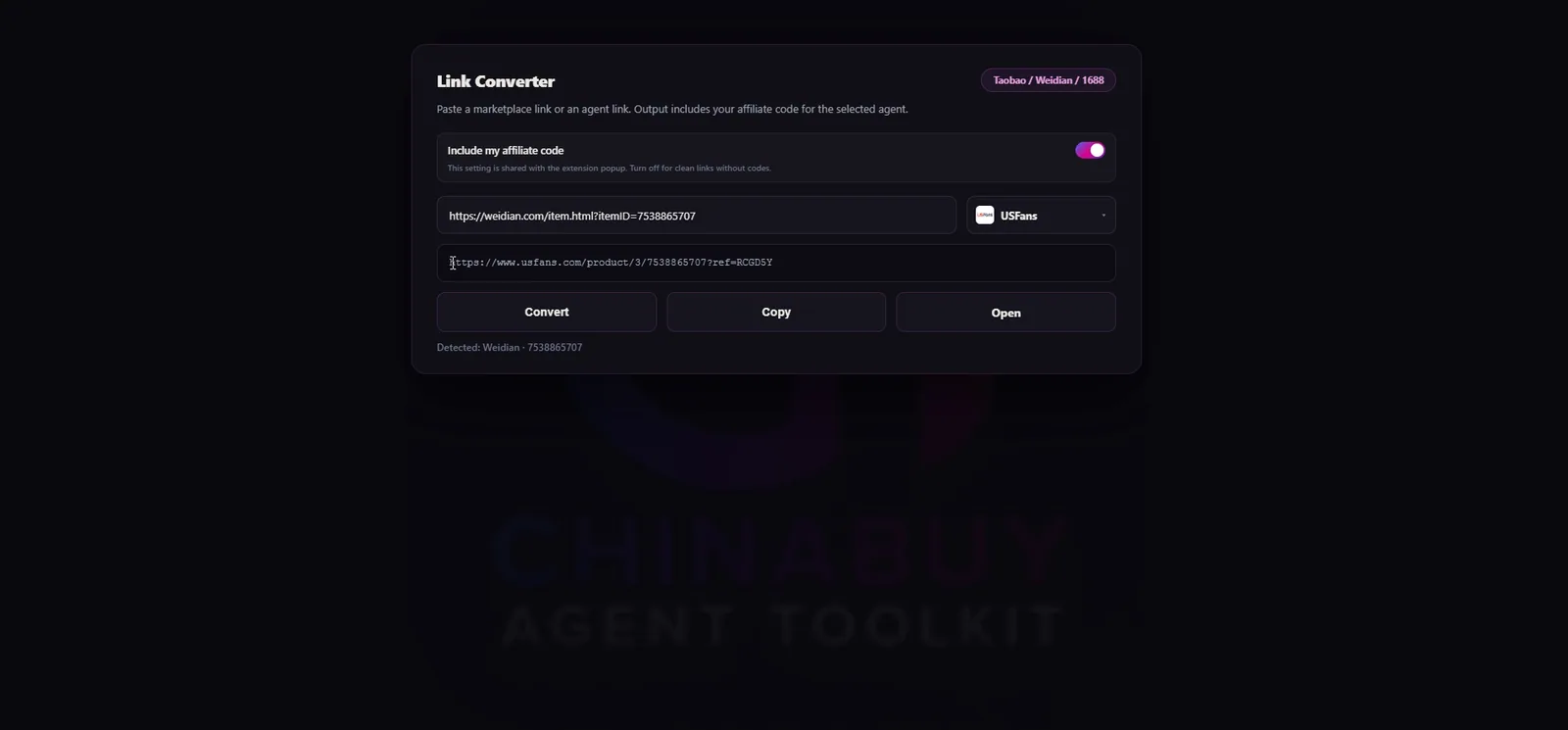 Link converter generating a USFans affiliate link from a Weidian product