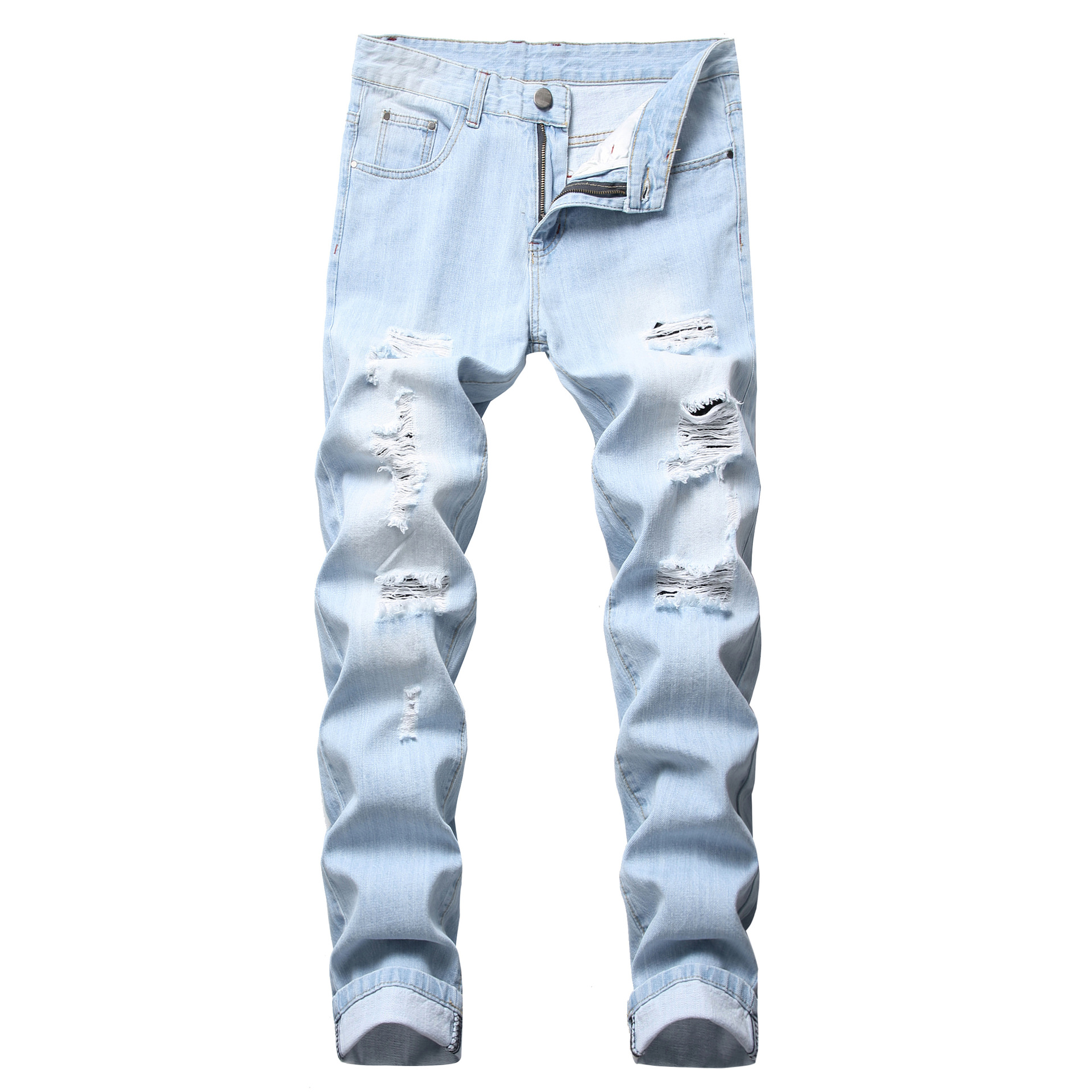Men S Ripped Straight Leg Slim Fit Non Stretch Jeans Distressed photo 2