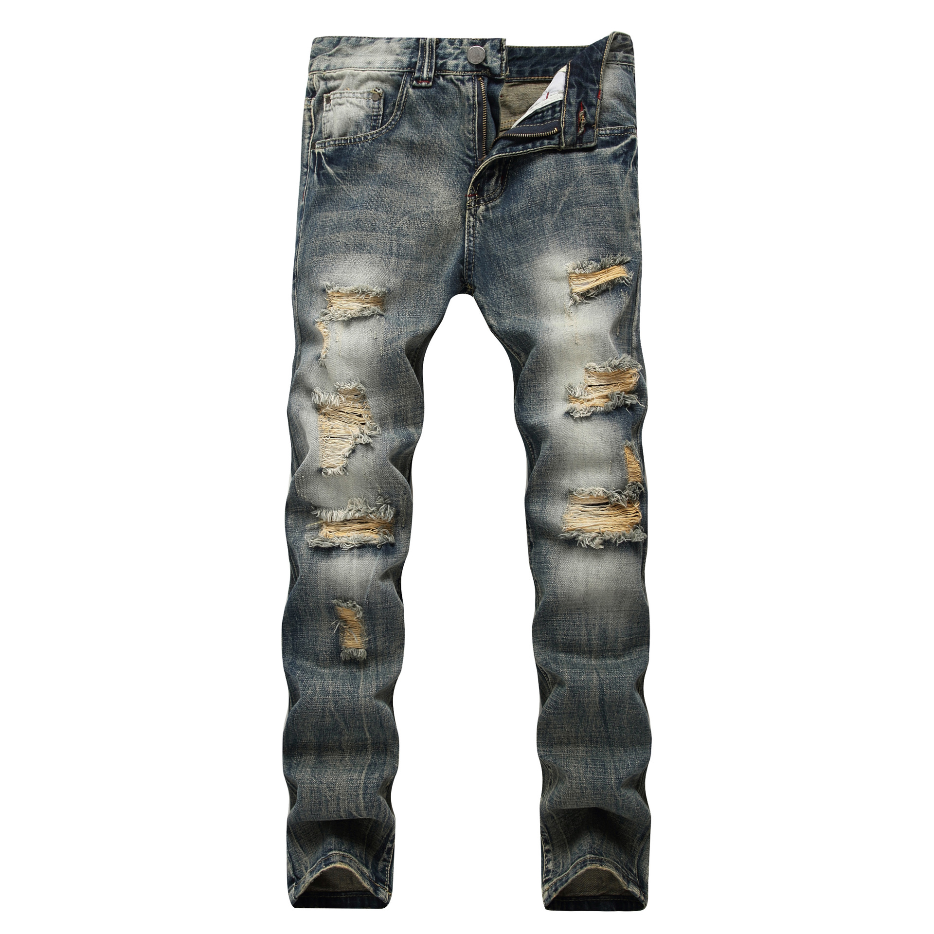 Men S Ripped Straight Leg Slim Fit Non Stretch Jeans Distressed photo 4