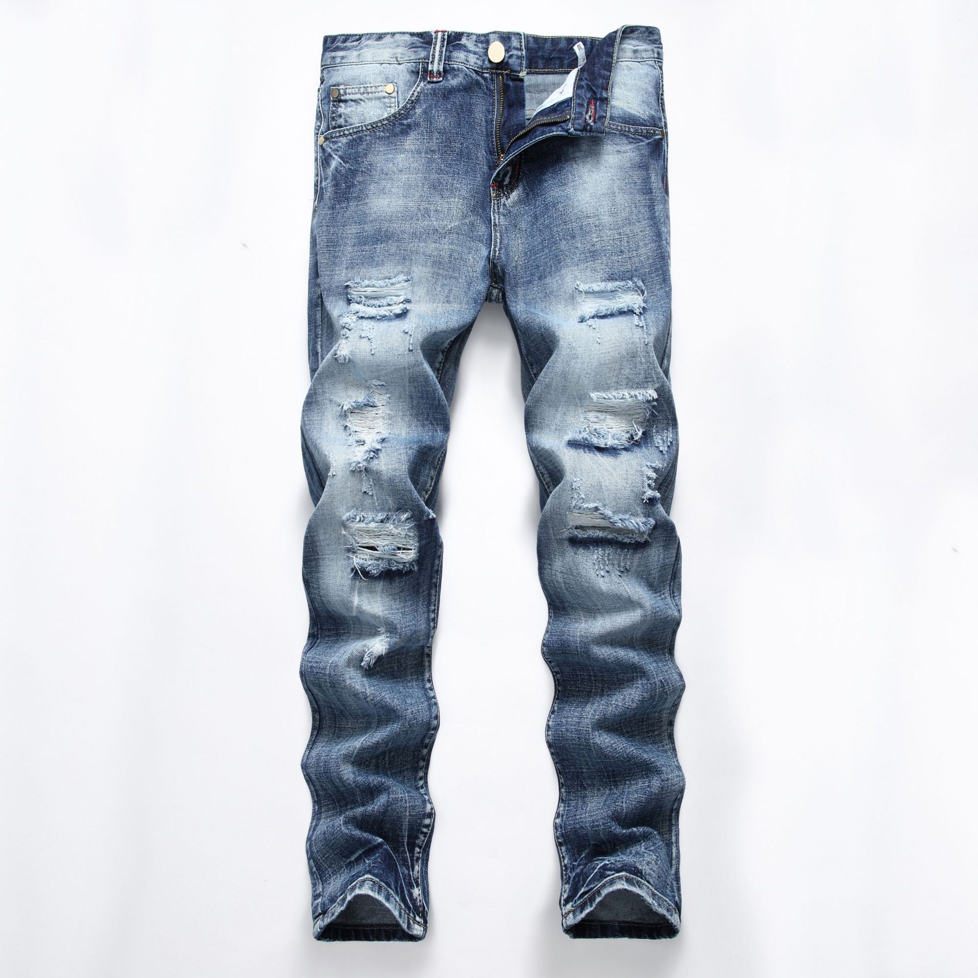 Men S Ripped Straight Leg Slim Fit Non Stretch Jeans Distressed photo 3