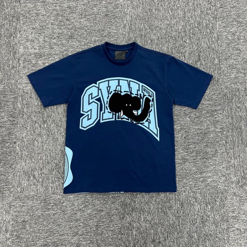 Navy blue fabric, blue printed, short sleeves, SY-79